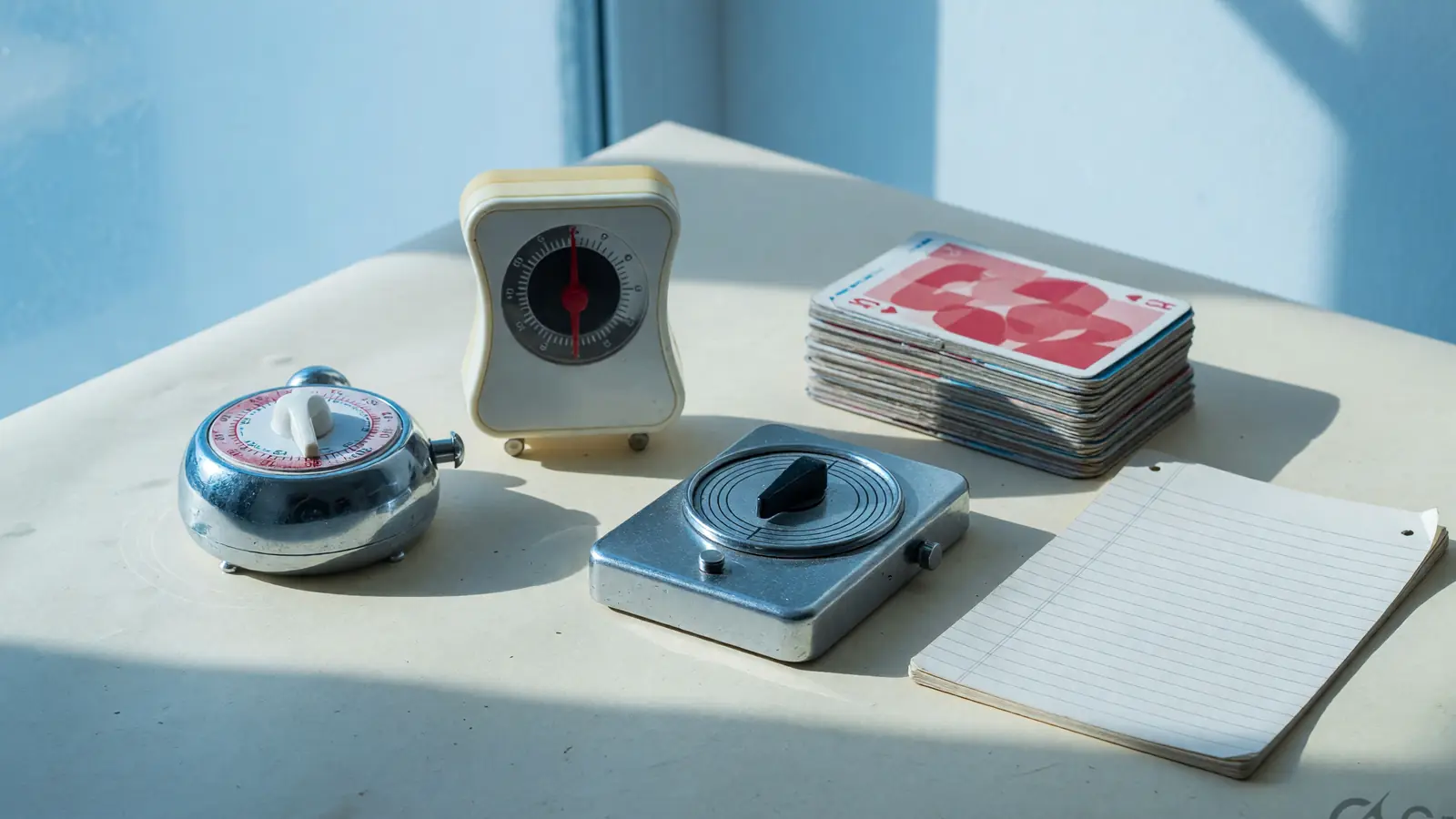 Three different kitchen timers beside a stack of printed cards and a blank ruled pad